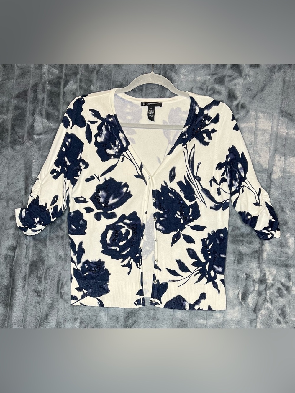 INC International Concepts PL Floral Cardigan Navy Cream Sequin Button Front
